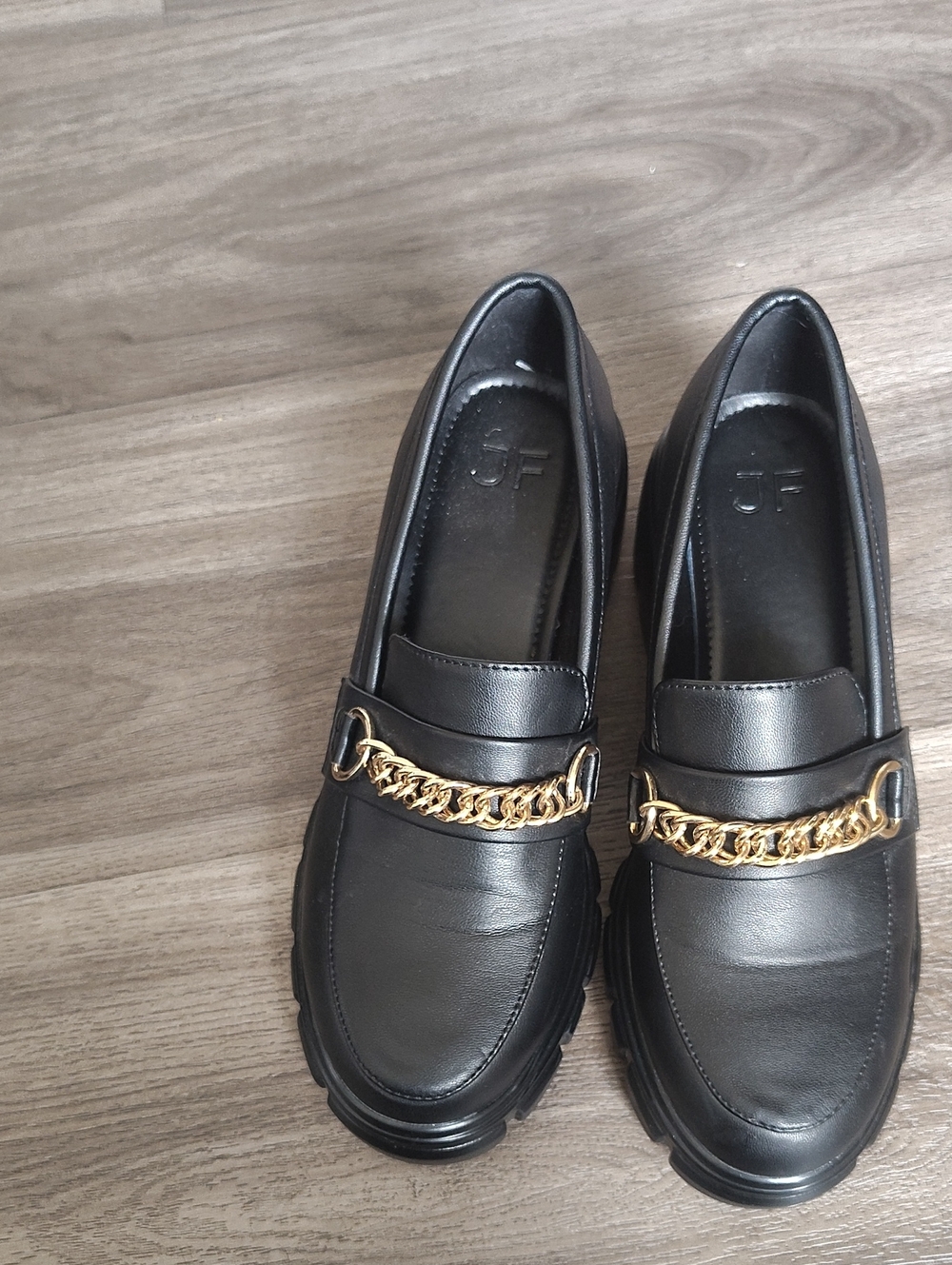 jf j.ferrar Black Leather Loafers with Gold Chain Trim